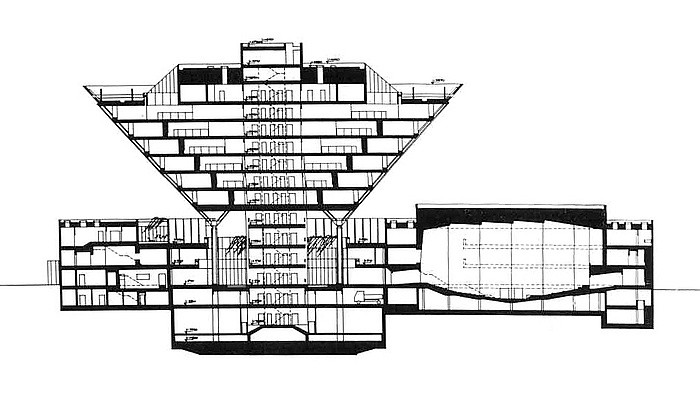 Der große Konzert- und Sendesaal in der "umgekehrten Pyramide"