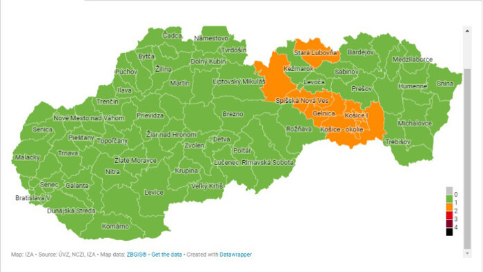 9 Slovak districts coloured orange as of Monday