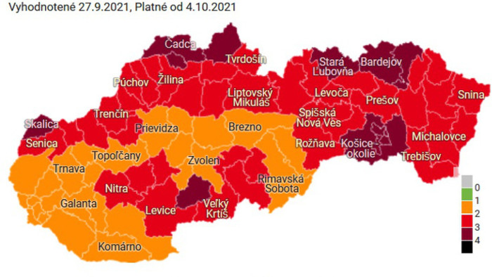 13 dark red and 39 red districts as of Monday