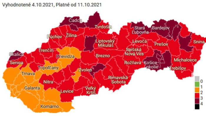 16 dark red and 43 red districts as of Monday