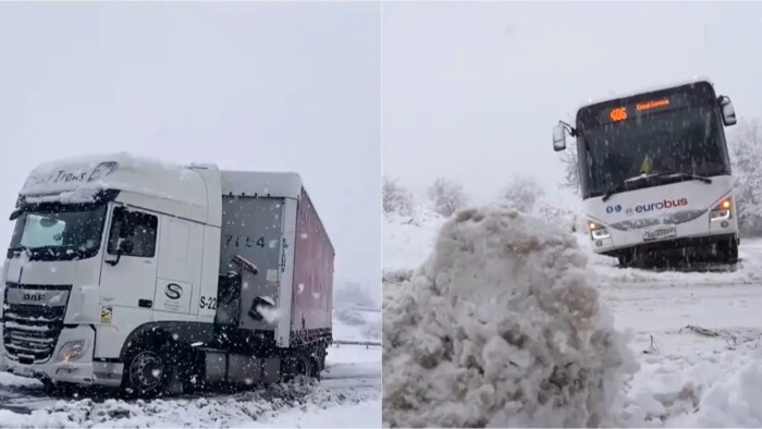 Kolóny, autobusy mimo vozovky či zapadnutí hasiči
