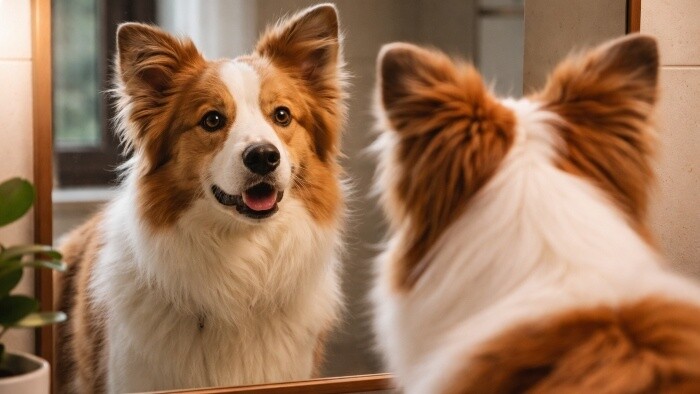 Vidí sa v zrkadle, pozerá televízor 